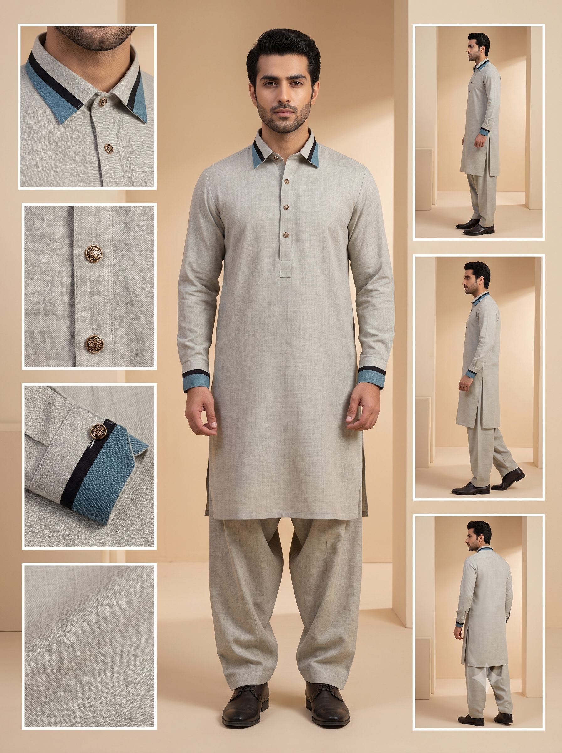 Oatmeal Textured Collared Kurta