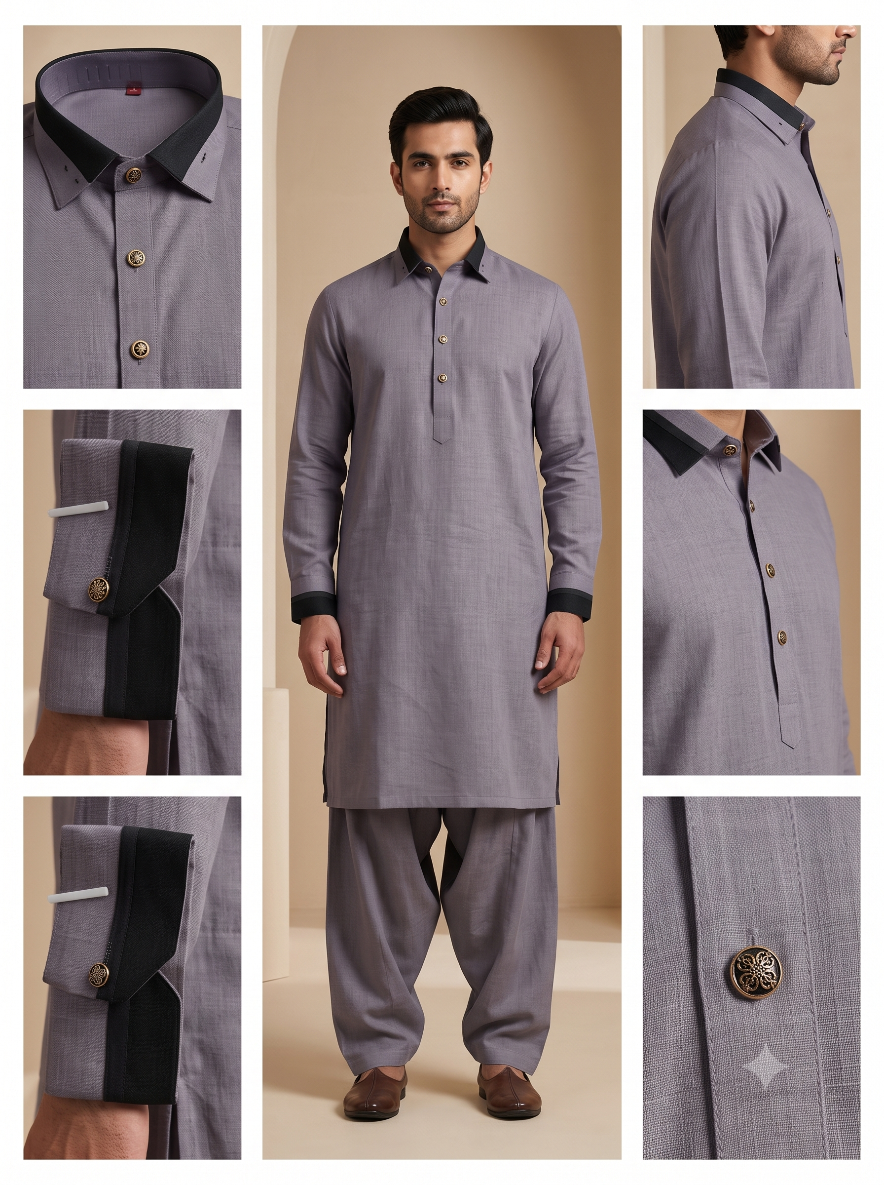Oatmeal Textured Collared Kurta