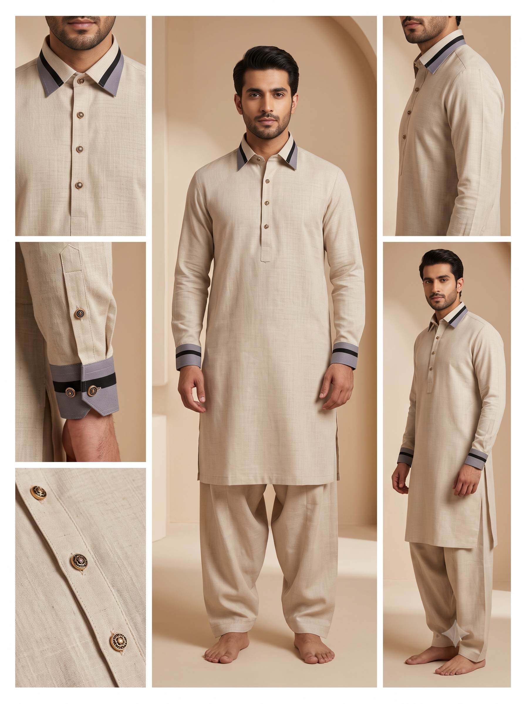 Oatmeal Textured Collared Kurta