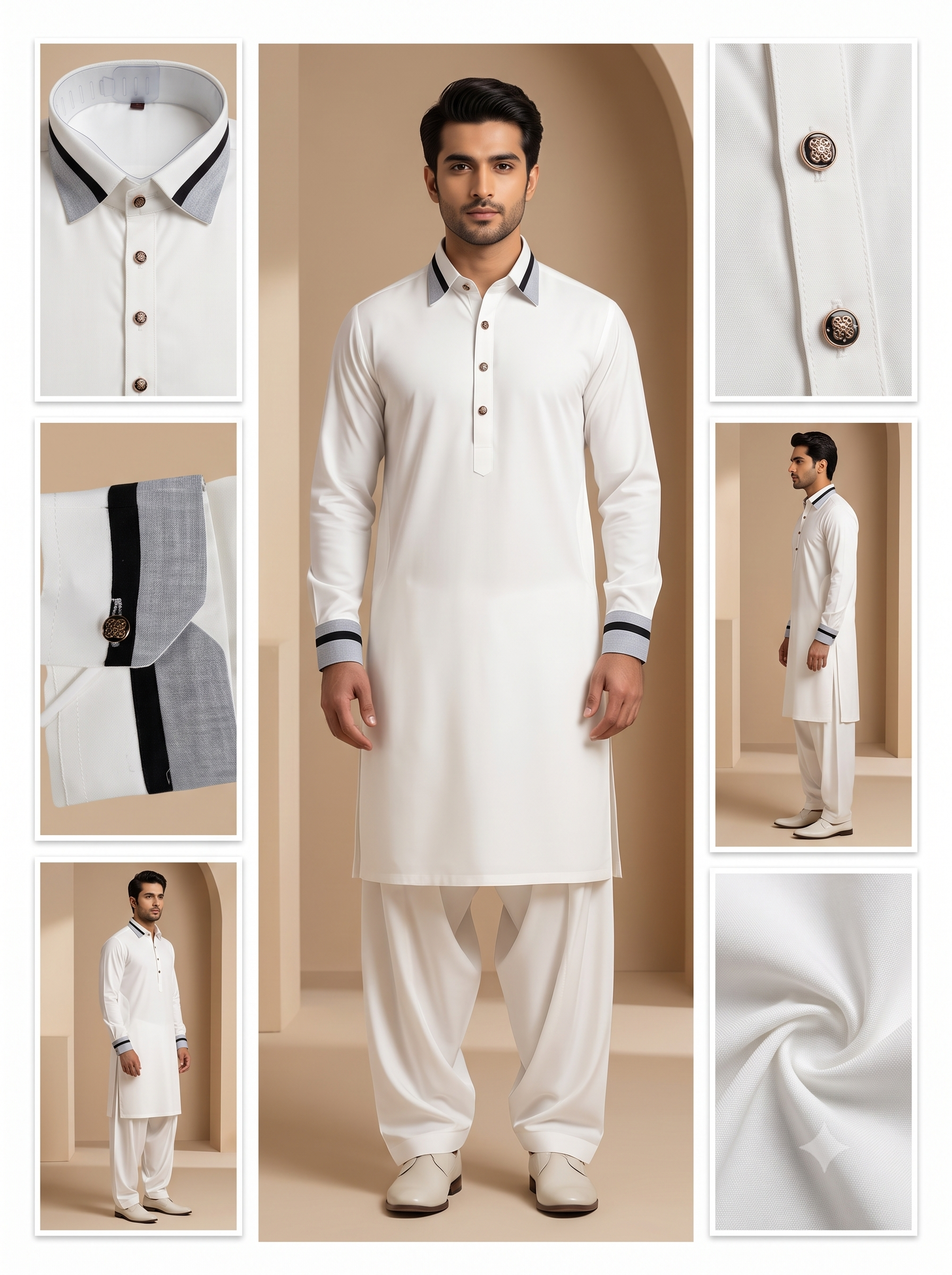Oatmeal Textured Collared Kurta